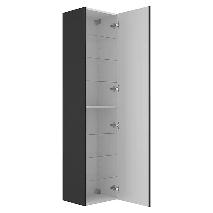 Camargue Espacio Hochschrank - 40 x 33 x 170 cm, Gama anthrazit matt - Ein offener, hochschrank mit zahlreichen Regalen und Metallbeschlägen präsentiert eine praktische Lösung für die Aufbewahrung. Die Tür ist geöffnet.