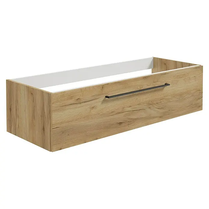 Camargue Espacio Waschtischunterschrank - 120 x 46 x 30 cm, Farbe Griff: Schwarz, Doce - Nahaufnahme eines Unterschranks mit Holzoptik und einem schlichten, schwarzen Griff. Die helle Innenseite bildet einen schönen Kontrast.
