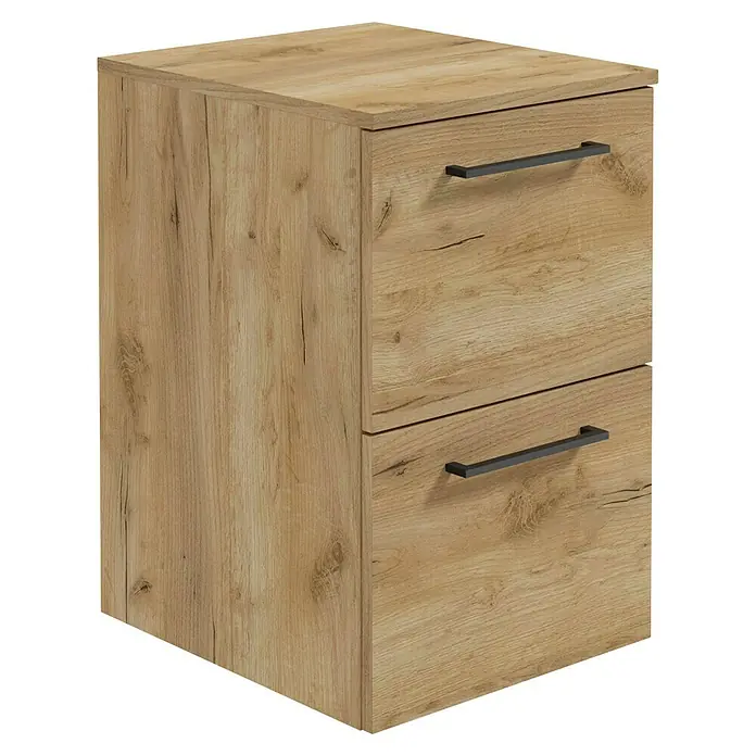 Camargue Espacio Unterschrank - 40 x 46 x 60 cm, Farbe Griff: Schwarz, Doce - Ein rustikaler Holz-Nachttisch mit zwei Schubladen und schwarzen Griffen für ein Schlafzimmer mit natürlichem Flair.