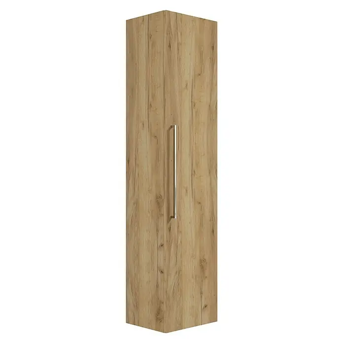 Camargue Espacio Hochschrank - 40 x 33 x 170 cm, Farbe Griff: Chrom, Doce - Ein hochformatiger Holzschrank mit einem langen, silbernen Griff in der Mitte. Die Holzmaserung ist deutlich sichtbar.
