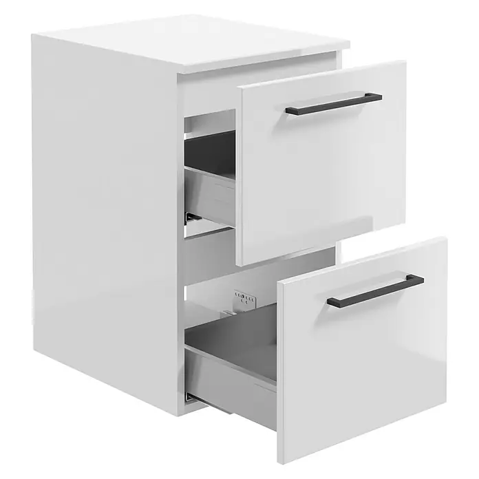 Camargue Espacio Unterschrank - 40 x 46 x 60 cm, Farbe Griff: Schwarz, Mira - Weißer Nachttisch mit zwei offenen Schubladen und schwarzen Griffen. Modernes Design für das Schlafzimmer.