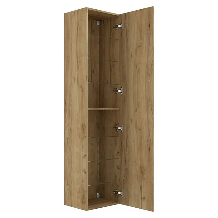 Camargue Espacio Hochschrank - 40 x 33 x 170 cm, Farbe Griff: Chrom, Doce - Offener Hängeschrank mit Holzmuster und Glasböden. Der Schrank ist leer und bereit zur Nutzung.