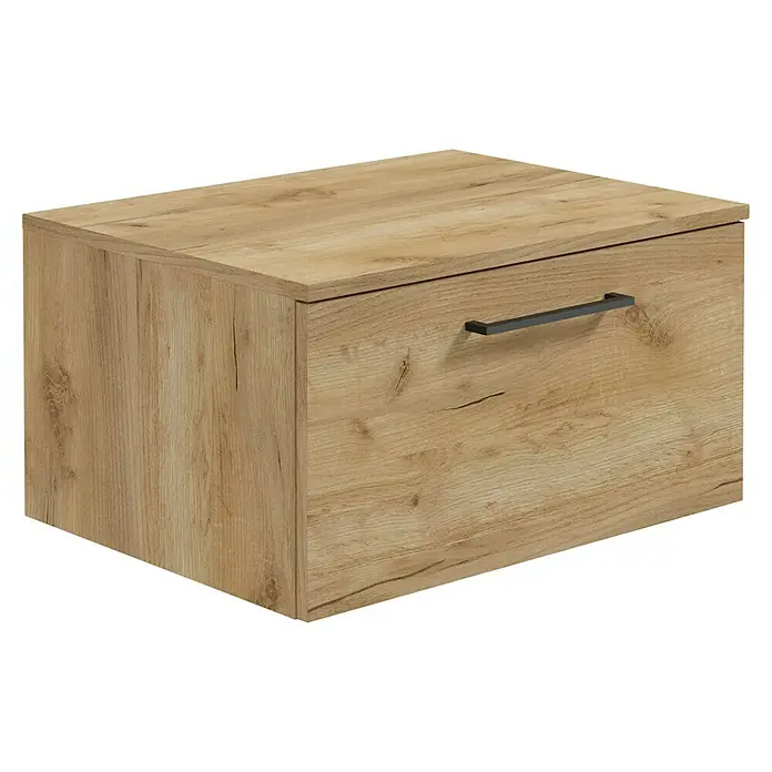 Camargue Espacio Unterschrank - 60 x 46 x 30 cm, Farbe Griff: Schwarz, Doce - Ein Schrank mit einer Schublade und einem Griff. Das Holz ist hellbraun und hat eine natürliche Maserung.