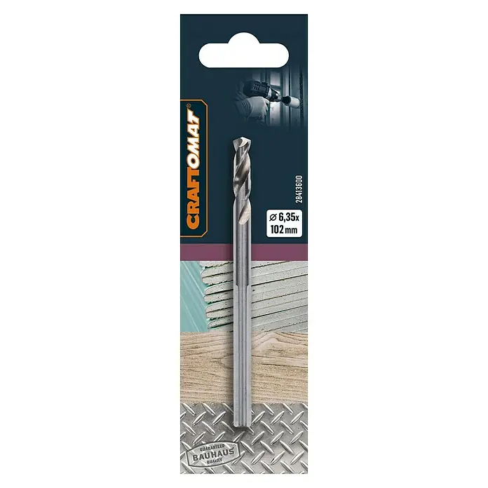 Craftomat Zentrierbohrer - Durchmesser: 6,35 mm, Länge: 102 mm - Die Abbildung zeigt eine Craftomat Metallbohrer-Verpackung mit Bohrer, Größenangabe und Bauhaus-Qualitätssiegel.