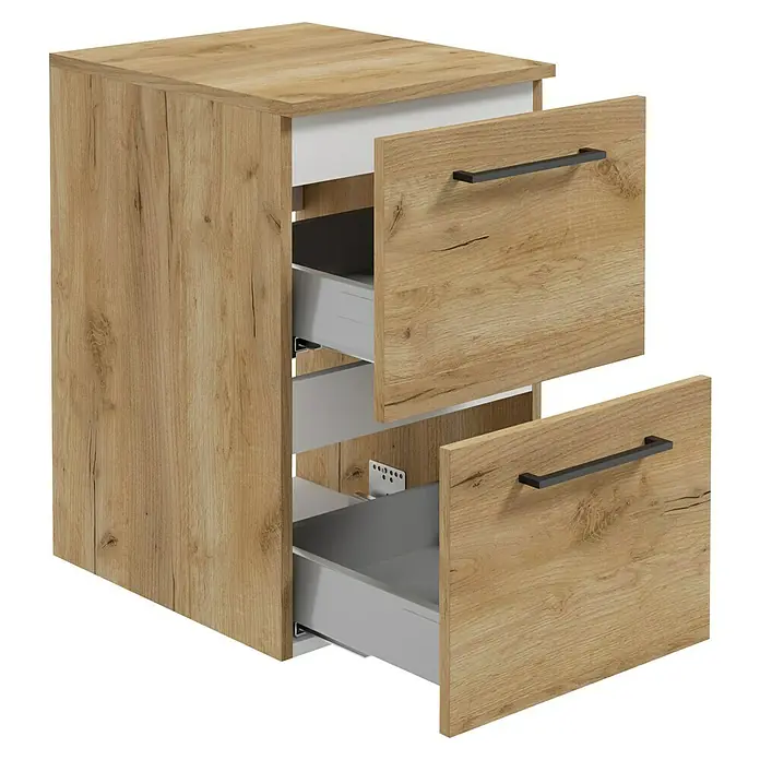 Camargue Espacio Unterschrank - 40 x 46 x 60 cm, Farbe Griff: Schwarz, Doce - Bürocontainer mit zwei Schubladen in Holzoptik und schwarzen Griffen, ideal für die Aufbewahrung von Büromaterialien.