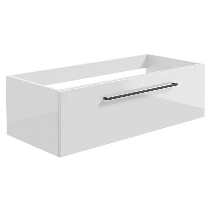Camargue Espacio Waschtischunterschrank - 100 x 46 x 30 cm, Farbe Griff: Schwarz, Mira - Abbildung eines modernen, weißen Waschbeckenunterschranks mit einem schlanken, dunklen Griff. Das Möbelstück bietet Stauraum im Badezimmer.