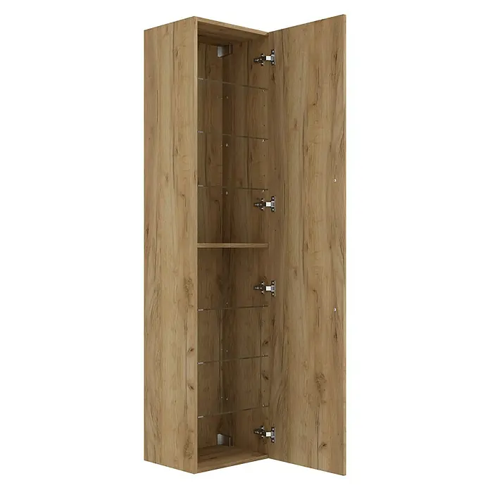 Camargue Espacio Hochschrank - 40 x 33 x 170 cm, Farbe Griff: Schwarz, Doce - Offener Holzschrank mit Glasböden und robusten Metallscharnieren, ideal für stilvolle Aufbewahrung und Präsentation im Wohnbereich.