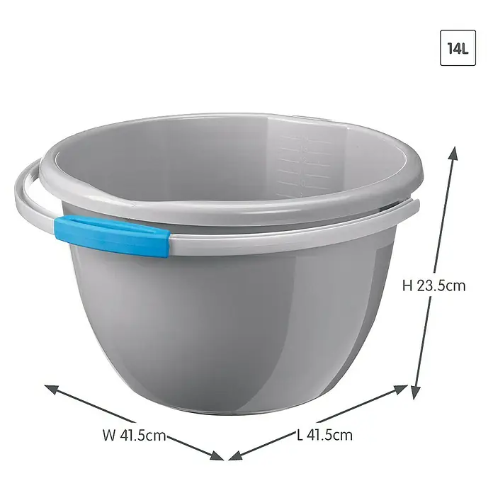 Sunware Waterline Eimer - 14 l, Silber - Grauer 14L Eimer mit blauem Griff und Maßangaben. Die Maße des Eimers sind 41,5 cm Länge und Breite sowie 23,5 cm Höhe.
