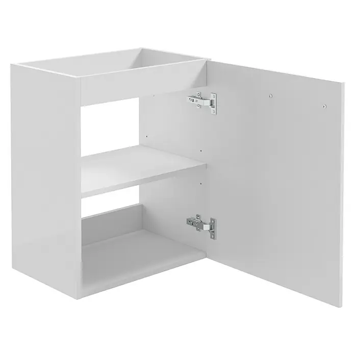 Camargue Espacio Waschtischunterschrank - 50 x 33 x 60 cm, Farbe Griff: Schwarz, Mira - Bild eines weißen Wandschranks mit offener Tür, der die Regale und Scharniere zeigt. Ideal für Badezimmer oder jeden Raum, der Stauraum benötigt.