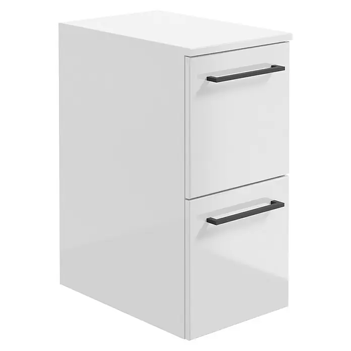 Camargue Espacio Unterschrank - 30 x 46 x 60 cm, Farbe Griff: Schwarz, Mira - Moderne weiße Kommode mit zwei Schubladen und schlichten schwarzen Griffen für ein stilvolles und minimalistisches Design im Raum.