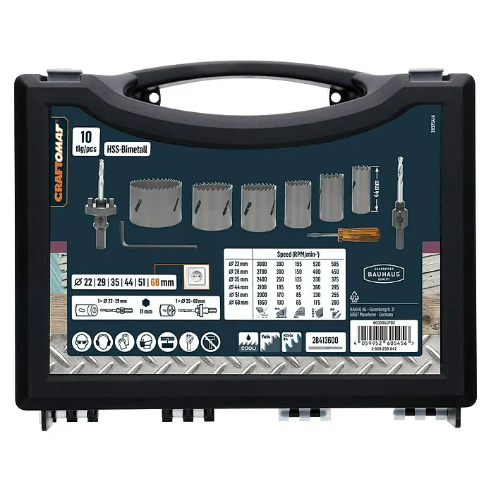 Craftomat Lochsägen-Set HSS Bi-Metall - 10 -tlg. - Ein Craftomat HSS-Bimetall Lochsägen-Satz mit 10 Teilen, ideal für präzise und saubere Schnitte in verschiedenen Materialien.