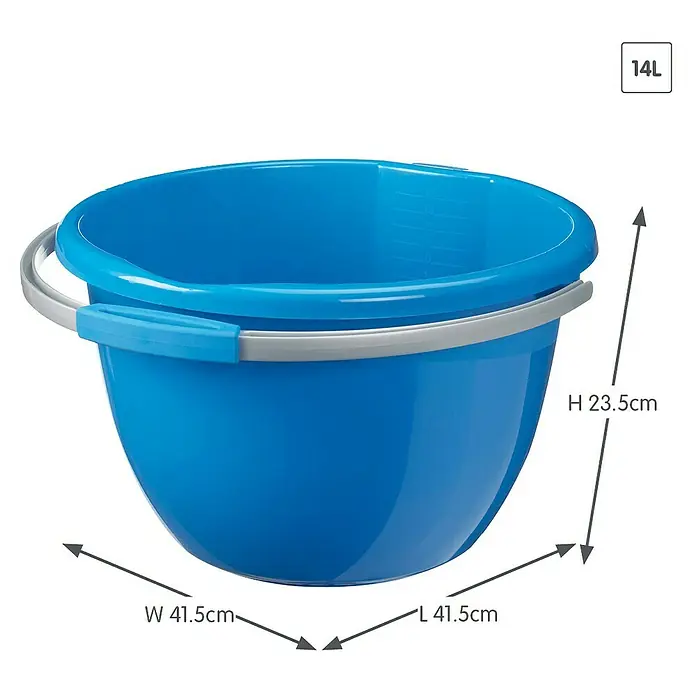 Sunware Waterline Eimer - 14 l, Blau - Ein blauer 14L Putzeimer mit grauem Henkel und Maßangaben.