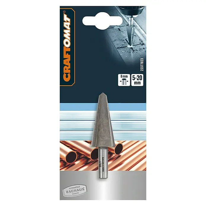 Craftomat Blechschälbohrer - 5 mm - 20 mm, Stahl - Abbildung einer Craftomat Stufenbohrkrone, ideal zum Bohren verschiedener Materialien mit präzisen Lochgrößen von 5-20mm.