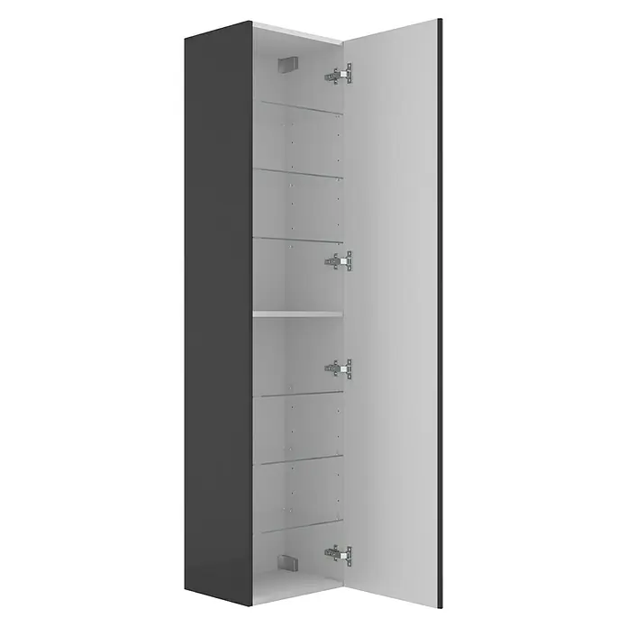 Camargue Espacio Hochschrank - 40 x 33 x 170 cm, Gama anthrazit glänzend - Abbildung eines grauen Badezimmerschranks mit Einlegeböden und einer geöffneten Tür, der Stauraum bietet und das Bad ordentlich hält.