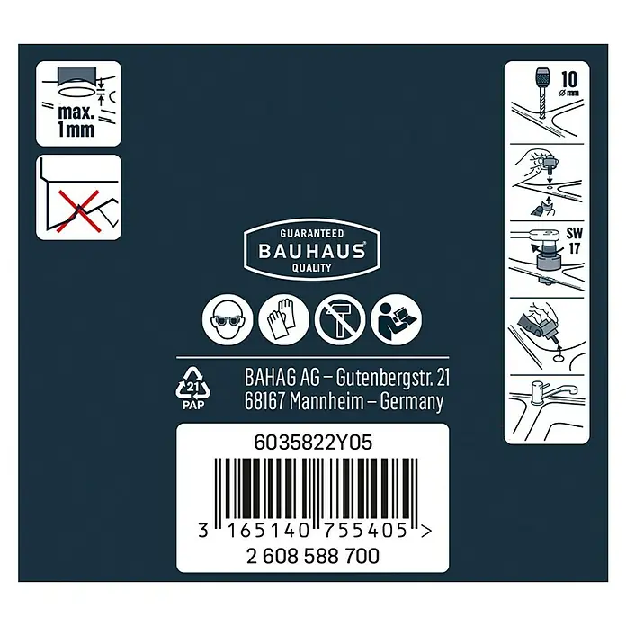 Craftomat Lochstanze - 35 mm - Produktverpackung mit Informationen zur maximalen Dicke, Warnhinweisen, Qualitätssiegel, Sicherheitsvorkehrungen und Montageanleitung.