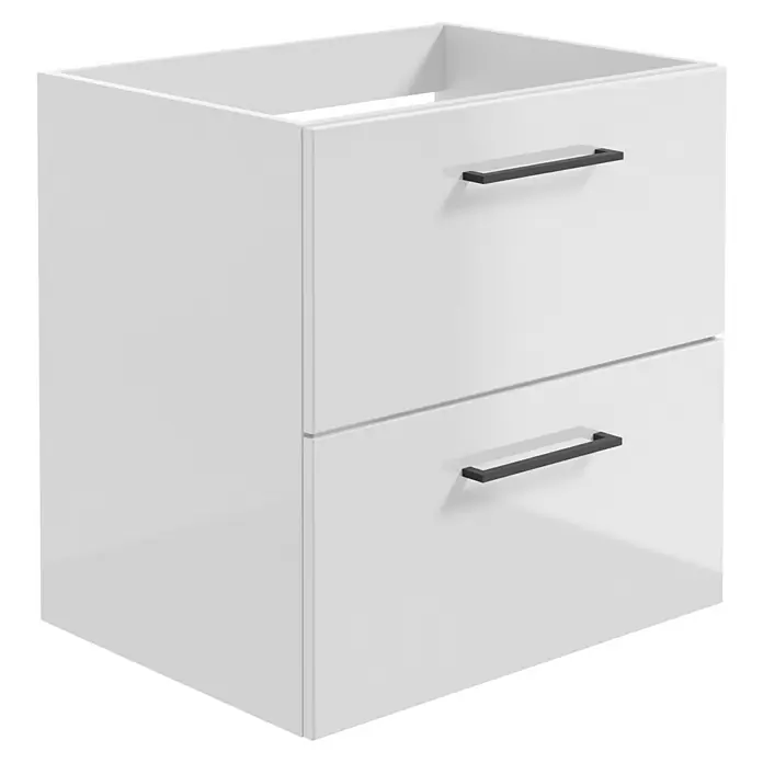 Camargue Espacio Waschtischunterschrank - 60 x 46 x 60 cm, Farbe Griff: Schwarz, 2 Schubkästen, Mira - Ein weißer Waschbeckenunterschrank mit zwei Schubladen und modernen schwarzen Griffen. Das Möbelstück ist eine stilvolle Badlösung.