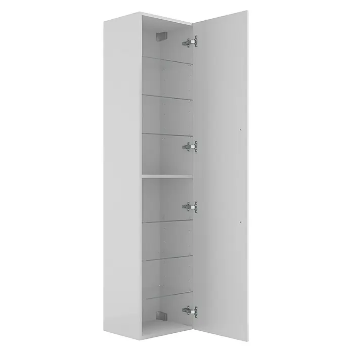 Camargue Espacio Hochschrank - 40 x 33 x 170 cm, Farbe Griff: Schwarz, Mira - Ein weißer Badezimmerschrank mit mehreren Regalen und einer geöffneten Tür, der Stauraum und Organisation im Badezimmer bietet.