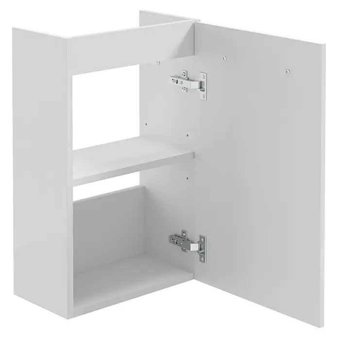 Camargue Espacio Waschtischunterschrank - 40 x 22 x 60 cm, Farbe Griff: Schwarz, Mira - Ein weißer Hängeschrank mit offener Tür, der zwei Fächer und silberne Scharniere zeigt, perfekt für Bad oder Küche.