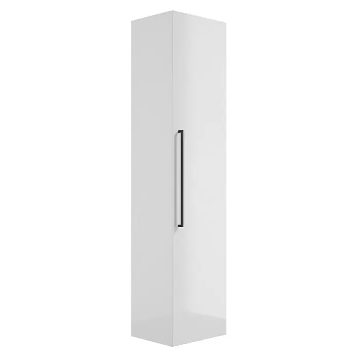 Camargue Espacio Hochschrank - 40 x 33 x 170 cm, Farbe Griff: Schwarz, Mira - Ein schlanker, hochglanzweißer Hochschrank mit einem minimalistischen, schwarzen Griff, ideal für moderne Badezimmer oder Küchen.
