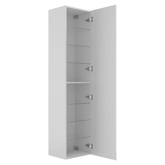 Camargue Espacio Hochschrank - 40 x 33 x 170 cm, Farbe Griff: Chrom, Mira - Ein weißer Wandschrank mit offener Tür und Glasböden zur Präsentation. Der Schrank ist ideal für Bad oder Wohnbereich und bietet viel Stauraum.