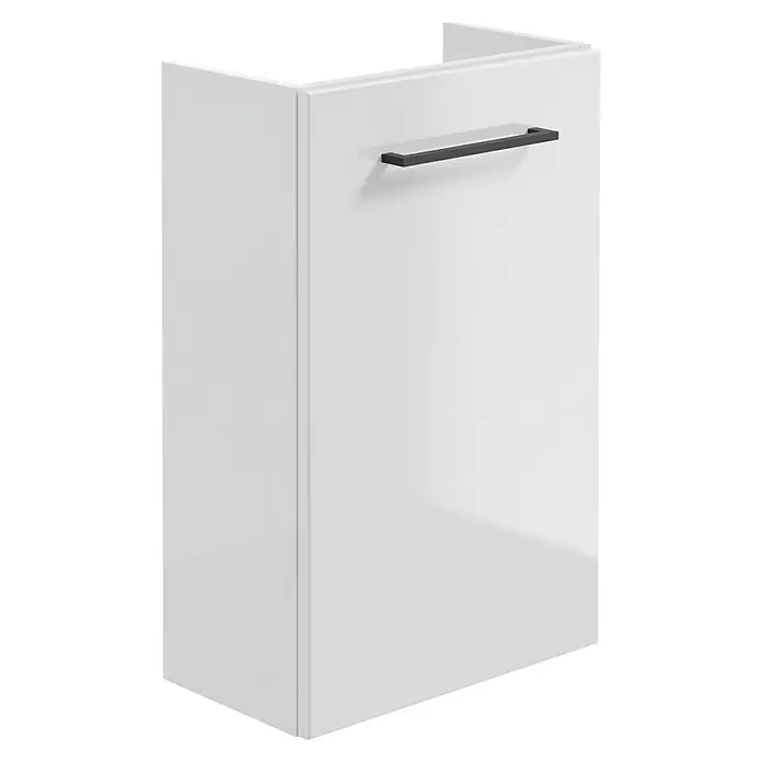 Camargue Espacio Waschtischunterschrank - 40 x 22 x 60 cm, Farbe Griff: Schwarz, Mira - Ein moderner, weißer Unterschrank mit einem eleganten, schwarzen Griff. Das Möbelstück ist ideal für Badezimmer oder ähnliche Räume.