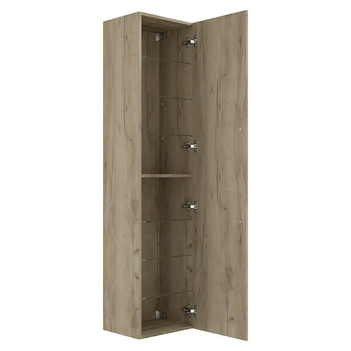 Camargue Espacio Hochschrank - 40 x 33 x 170 cm, Farbe Griff: Chrom, Faro - Ein offener, hölzerner Hängeschrank mit Glasböden und verstellbaren Scharnieren bietet viel Stauraum und eine elegante Optik.