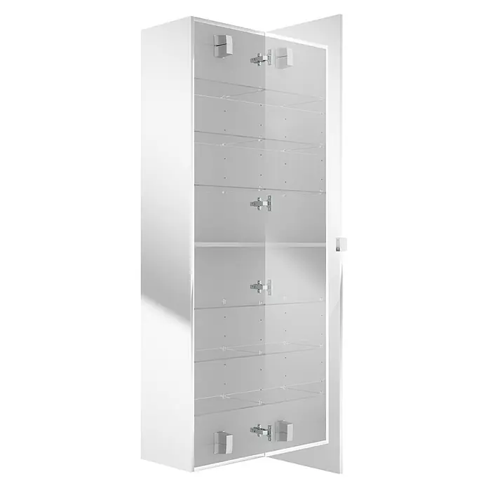Camargue Espacio Spiegel-Hochschrank - 40 x 33 x 170 cm - Hier ist ein Bild eines weißen Vitrinenschranks mit Glastüren und mehreren Regalen, ideal für die Präsentation von Produkten.