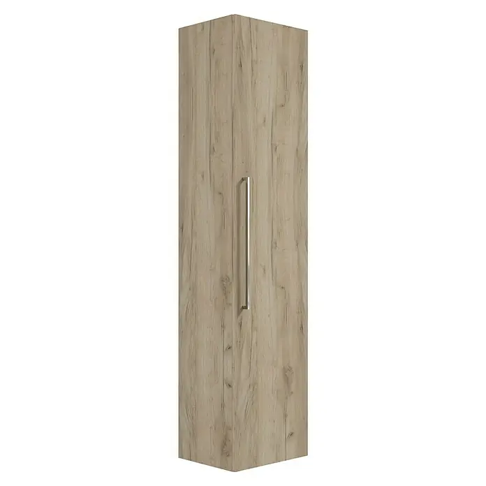 Camargue Espacio Hochschrank - 40 x 33 x 170 cm, Farbe Griff: Chrom, Faro - Abbildung eines hellen Holzschranks mit einem langen, silbernen Griff in der Mitte der Tür.