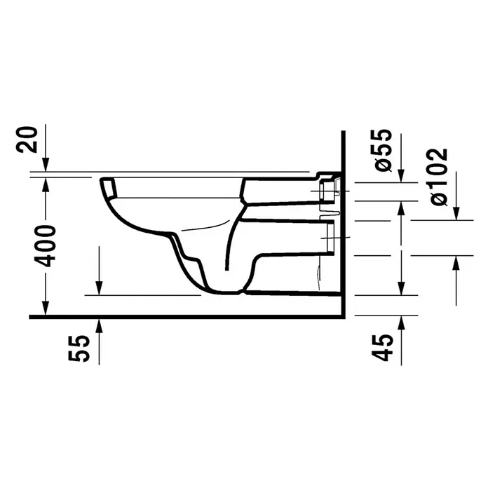 Duravit D-Code Wand-WC Vital - Mit Spülrand, Mit antibakterieller Glasur, Spülform: Tief, WC Abgang: Waagerecht, Weiß - Technische Zeichnung eines wandhängenden WCs mit Bemaßungen für Installation und Design.