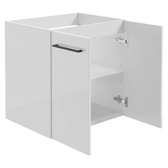 Camargue Espacio Waschtischunterschrank - 60 x 46 x 60 cm, Farbe Griff: Schwarz, 1 Einlegeboden, Mira - Das Bild zeigt einen weißen Badezimmerschrank mit einer geöffneten Tür, der einen Einblick in das Innere mit einem Regal bietet. Der Schrank hat einen modernen Griff.