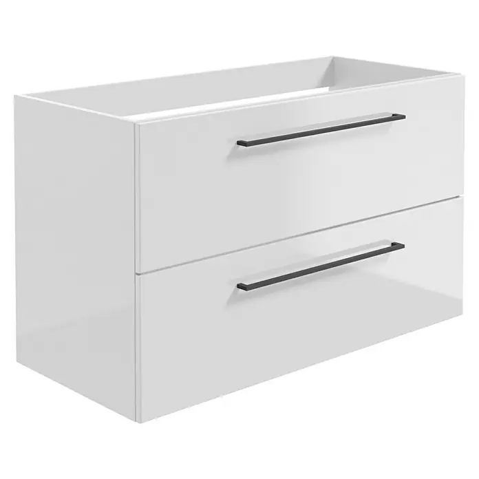 Camargue Espacio Waschtischunterschrank - 100 x 46 x 60 cm, Farbe Griff: Schwarz, 2 Schubkästen, Mira - Elegantes, weißes Badezimmer-Waschbecken mit zwei Schubladen und schlanken, schwarzen Griffen für ein modernes Badambiente.