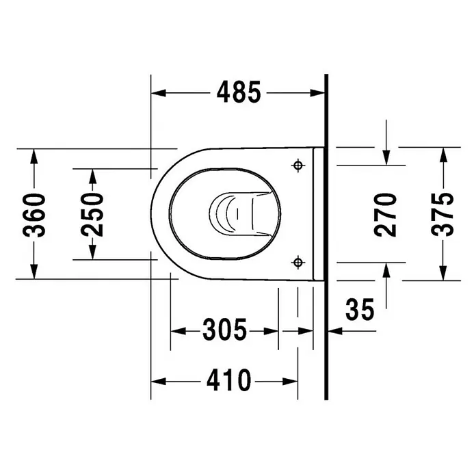 Duravit Starck 3 Wand-WC Compact - Mit Spülrand, Ohne Spezialglasur, Spülform: Tief, Sichtbarkeit Befestigung: Verdeckt, Weiß - Technische Zeichnung einer wandhängenden Toilette mit Maßangaben.
