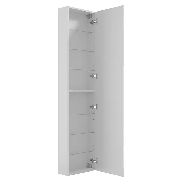 Camargue Espacio Hochschrank - 40 x 17 x 170 cm, Farbe Griff: Schwarz, Mira - Abbildung eines weißen Badezimmerschranks mit offener Tür, der Regalfächer und Metallscharniere zeigt. Schlichtes Design für moderne Badezimmer.
