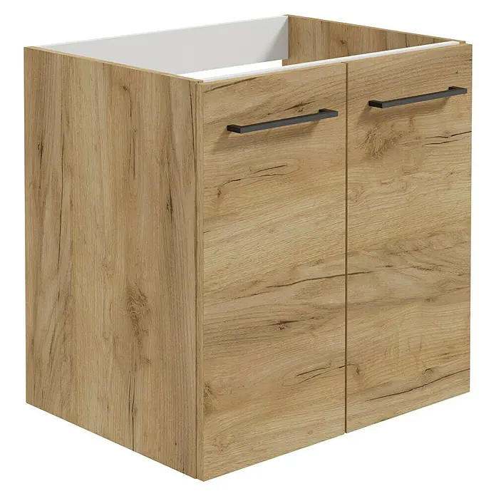 Camargue Espacio Waschtischunterschrank - 60 x 46 x 60 cm, Farbe Griff: Schwarz, 1 Einlegeboden, Doce - Bild eines Unterschranks in Holzoptik mit zwei Türen und schwarzen Griffen, ideal für Badezimmer oder Küche.