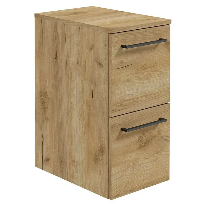 Camargue Espacio Unterschrank - 30 x 46 x 60 cm, Farbe Griff: Schwarz, Doce - Das Bild zeigt einen hellbraunen Aktenschrank mit zwei Schubladen und schwarzen Griffen vor einem dunklen Hintergrund.