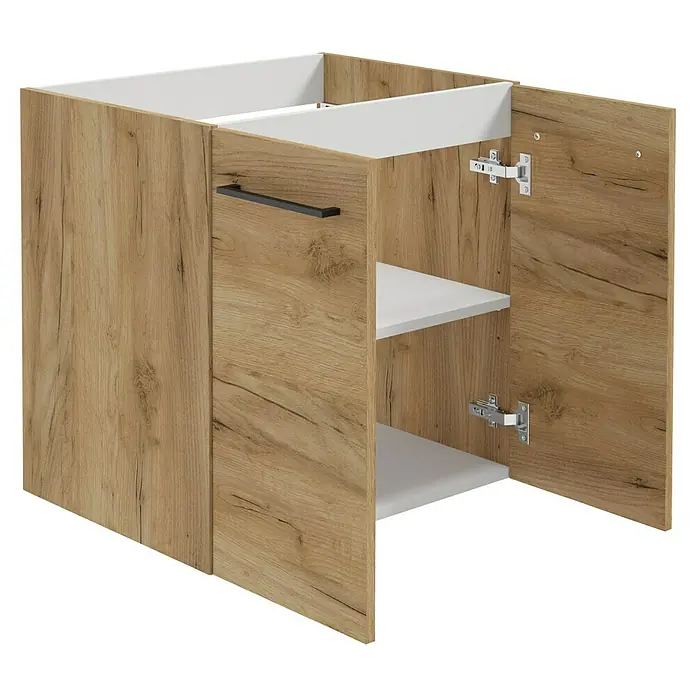 Camargue Espacio Waschtischunterschrank - 60 x 46 x 60 cm, Farbe Griff: Schwarz, 1 Einlegeboden, Doce - Offener Badschrank mit Holzoptik und weißen Regalen, ideal zur stilvollen Aufbewahrung von Badutensilien.