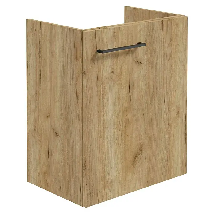 Camargue Espacio Waschtischunterschrank - 50 x 33 x 60 cm, Farbe Griff: Schwarz, Doce - Holzfarbener Badezimmerschrank mit einem langen, dunklen Griff. Das Produkt ist ein moderner und praktischer Schrank für das Badezimmer.