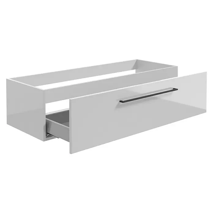 Camargue Espacio Waschtischunterschrank - 120 x 46 x 30 cm, Farbe Griff: Schwarz, Mira - Nahaufnahme eines weißen Waschtischunterschranks mit Schublade und schwarzem Griff, ideal für moderne Badezimmer.\n