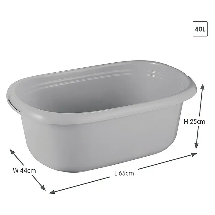 Sunware Wäschewanne Basic - L x B x H: 65 x 25 x 44 cm, Silber - Abgebildet ist eine graue 40-Liter-Kunststoffwanne mit den Maßen Länge 65 cm, Breite 44 cm und Höhe 25 cm, ideal für verschiedene Reinigungs- und Haushaltsaufgaben.