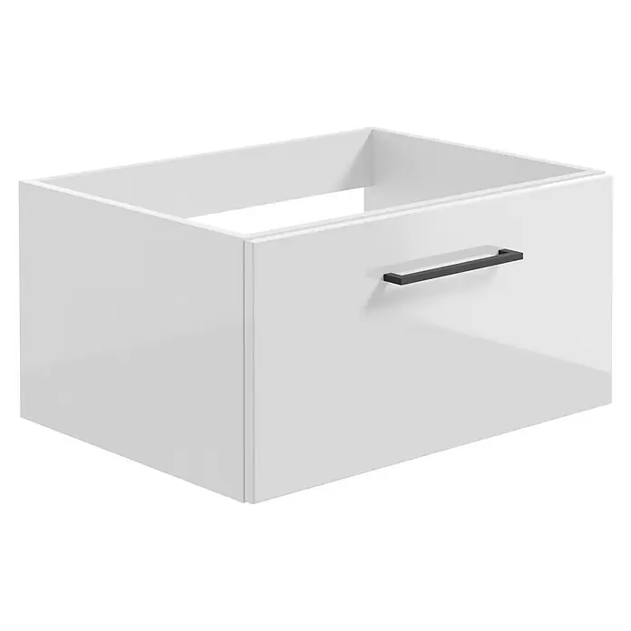 Camargue Espacio Waschtischunterschrank - 60 x 46 x 30 cm, Farbe Griff: Schwarz, Mira - Nahaufnahme eines modernen weißen Unterschranks mit einem schlanken, dunklen Griff, der elegantes Design und Funktionalität vereint.