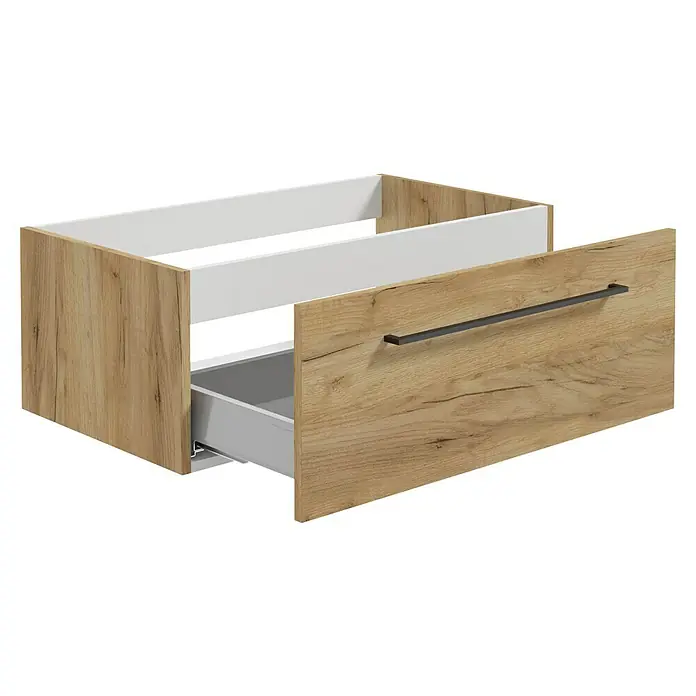 Camargue Espacio Waschtischunterschrank - 80 x 46 x 30 cm, Farbe Griff: Schwarz, Doce - Produktbild eines offenen Waschtischunterschranks mit Schublade in Holzoptik und weißem Innenraum.