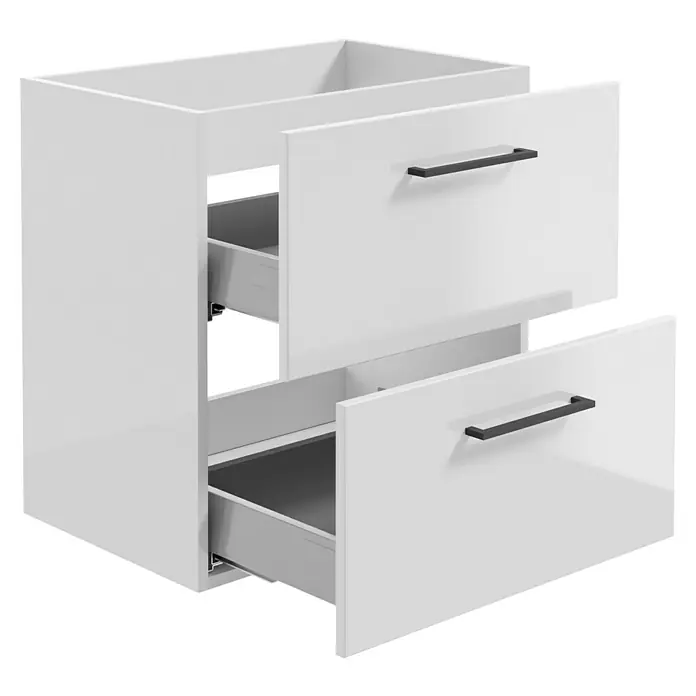 Camargue Espacio Waschtischunterschrank - 60 x 40 x 60 cm, Farbe Griff: Schwarz, 2 Schubkästen, Mira - Weißer Badezimmerschrank mit zwei Schubladen und modernen Griffen für eine stilvolle Aufbewahrung im Bad.