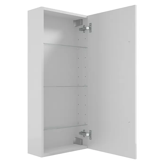Camargue Espacio Hängeschrank - 40 x 17 x 90 cm, Farbe Griff: Schwarz, Mira - Ein offener, weißer Badezimmerschrank mit Glasböden und silbernen Scharnieren, der Stauraum und Funktionalität in jedes Badezimmer bringt.