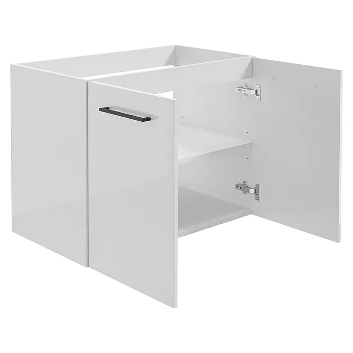 Camargue Espacio Waschtischunterschrank - 80 x 46 x 60 cm, Farbe Griff: Schwarz, 1 Einlegeboden, Mira - Moderner Badezimmerschrank in Weiß mit zwei Türen, von denen eine geöffnet ist und einen Einblick auf die Regale gibt. Stilvolles Design.