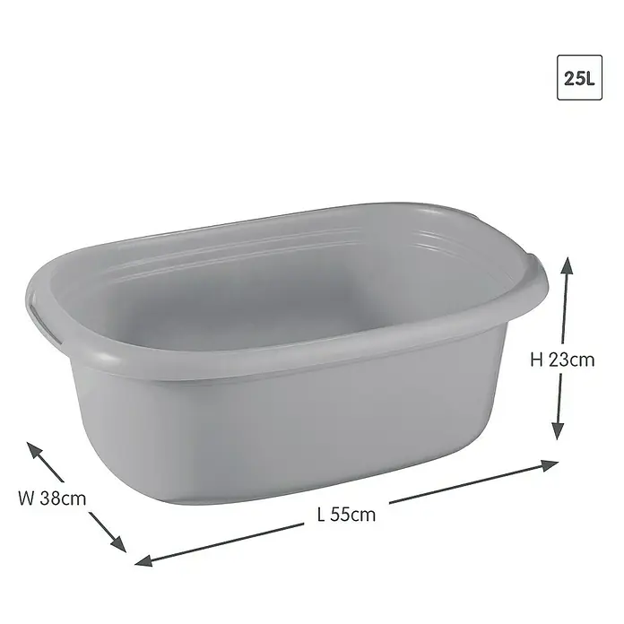 Sunware Wäschewanne Basic - L x B x H: 55 x 38 x 23 cm, Silber - Ein grauer Wäschekorb mit den Maßen 55 cm Länge, 38 cm Breite und 23 cm Höhe und einem Fassungsvermögen von 25 Litern.