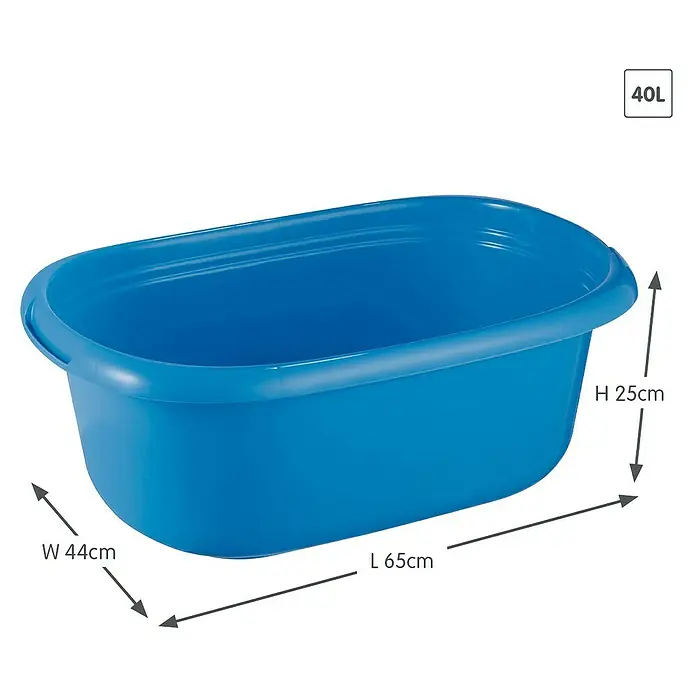 Sunware Wäschewanne Basic - L x B x H: 65 x 25 x 44 cm, Blau - Blaue, rechteckige 40L-Waschschüssel mit abgerundeten Ecken, ideal für Haushalt und Reinigung. Länge 65cm, Breite 44cm, Höhe 25cm.