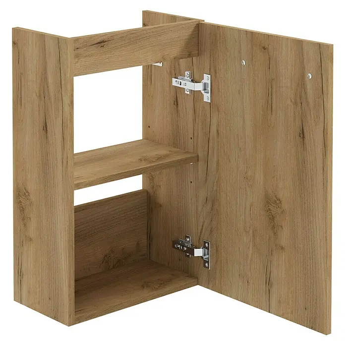 Camargue Espacio Waschtischunterschrank - 40 x 22 x 60 cm, Farbe Griff: Schwarz, Doce - Das Bild zeigt ein Badezimmermöbelstück in Holzoptik mit Regalen und Beschlägen.