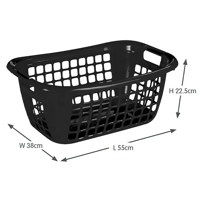 Sunware Wäschekorb Basic - L x B x H: 55 x 38 x 22,5 cm, Schwarz - Abbildung eines schwarzen Wäschekorbs aus Kunststoff mit rechteckigen Öffnungen und den Maßen Länge 55cm, Breite 38cm und Höhe 22,5cm.