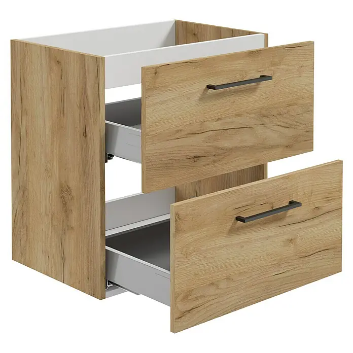 Camargue Espacio Waschtischunterschrank - 60 x 40 x 60 cm, Farbe Griff: Schwarz, 2 Schubkästen, Doce - Ein moderner Unterschrank mit zwei Schubladen in Holzoptik und schwarzen Griffen für stilvolle Badezimmerdesigns.