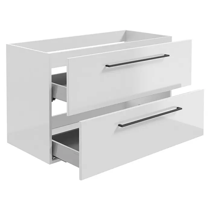 Camargue Espacio Waschtischunterschrank - 100 x 46 x 60 cm, Farbe Griff: Schwarz, 2 Schubkästen, Mira - Weißer Waschtischunterschrank mit zwei Schubladen und grauen Griffen für ein modernes Badezimmerdesign.
